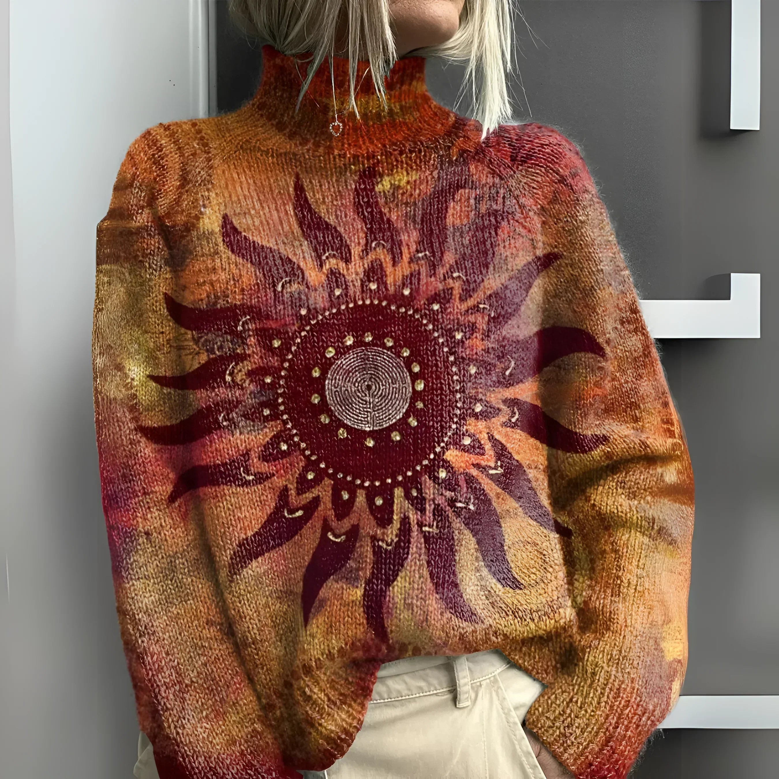 Eline | Warmer Knit Turtleneck Sweater with Tribal Sun Motif