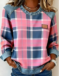 Avery | Pink Checkered Denim Knit Sweater